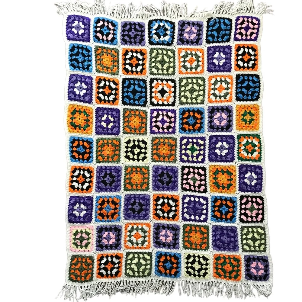 Vintage Granny Squares Afghan Throw Crocheted Multicolored One of a Kind Unique